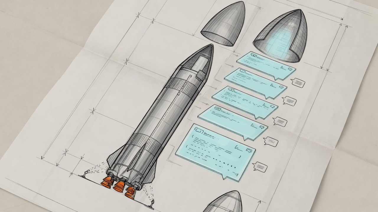 Blueprint sketch of a Starship-style rocket on drafting paper, with stacked chat-bubble payloads and nose-cone fairings drawn alongside as a mass-budget diagram