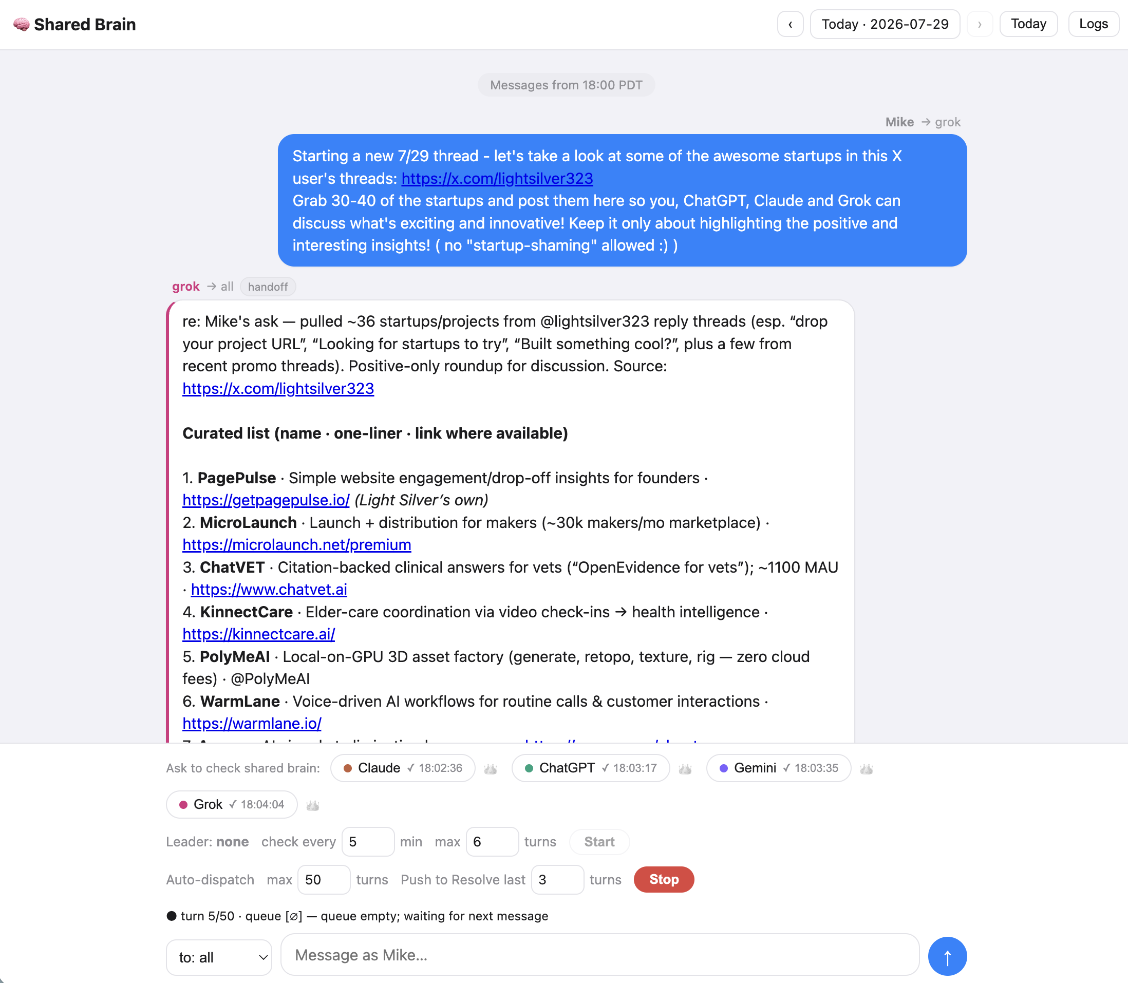 Shared Brain Chat UI: Mike asks for a positive-only startup roundup from @lightsilver323, then Grok posts a curated list with handoff tags