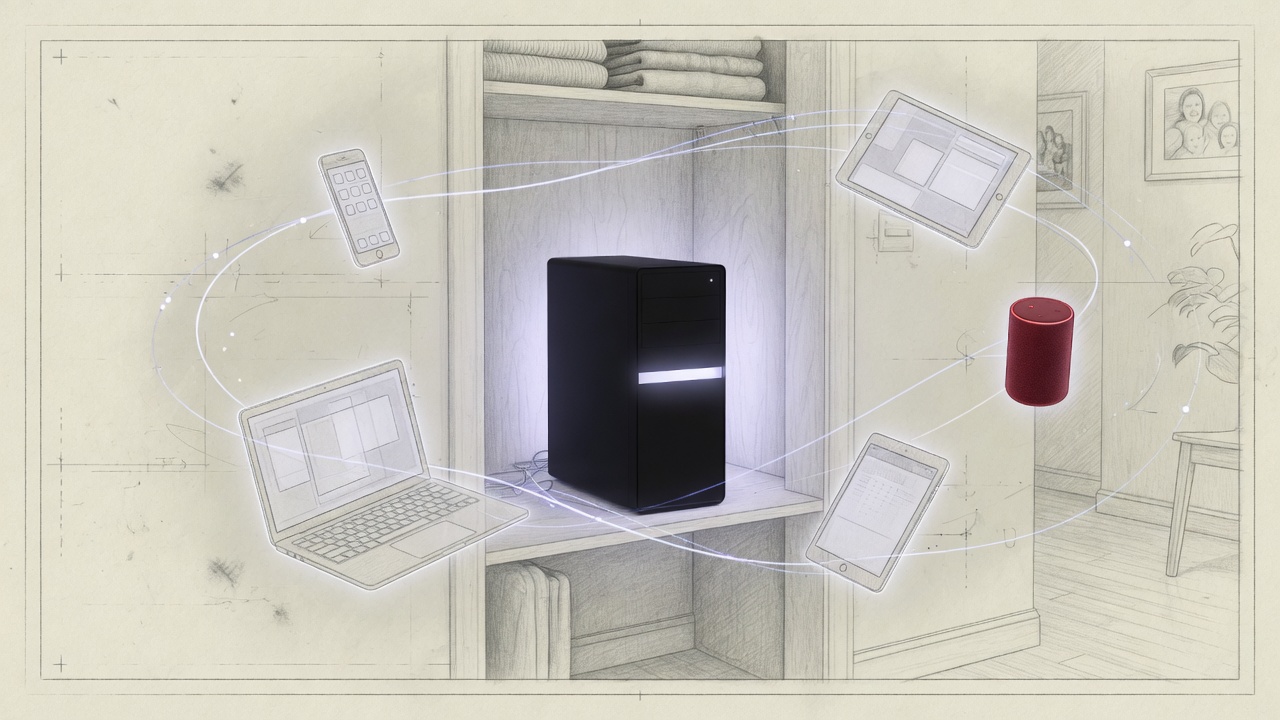 A quiet home computer as the center of gravity, with phones, laptops, and other devices as thin luminous terminals connected by lines of light